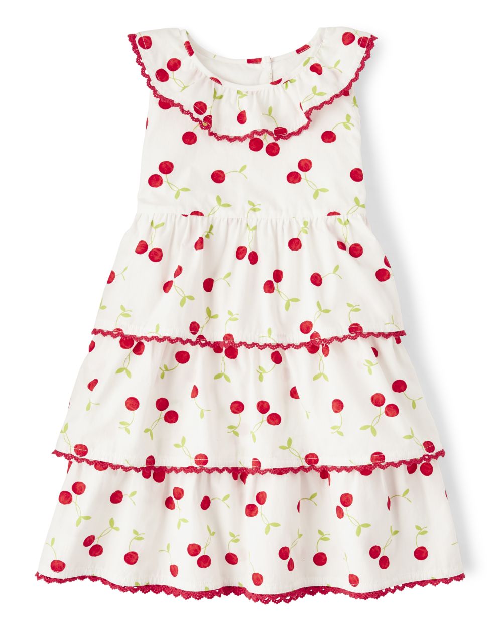 Girls Sleeveless Cherry Print Poplin Tiered Dress Very Cherry
