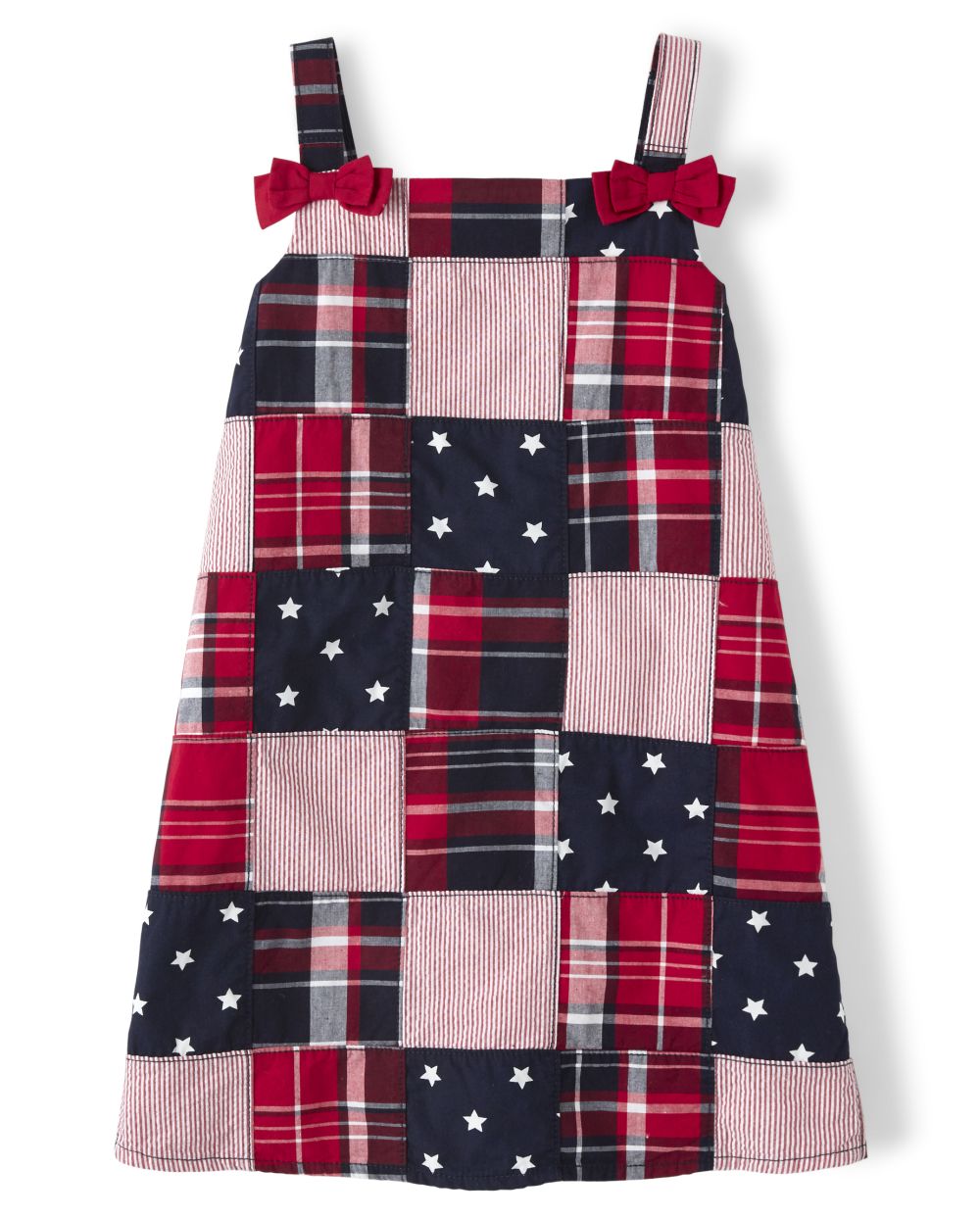 fourth of july matching sets, red white and blue patchwork dress with bows on shoulders