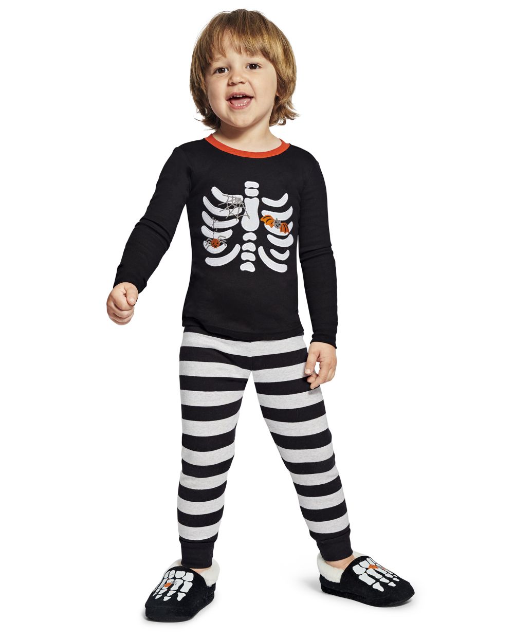 halloween sibling sets, black two-piece skeleton pajamas