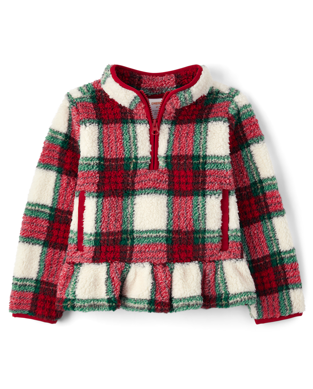Girls Plaid Sherpa Half Zip Pullover - Little Essentials - white