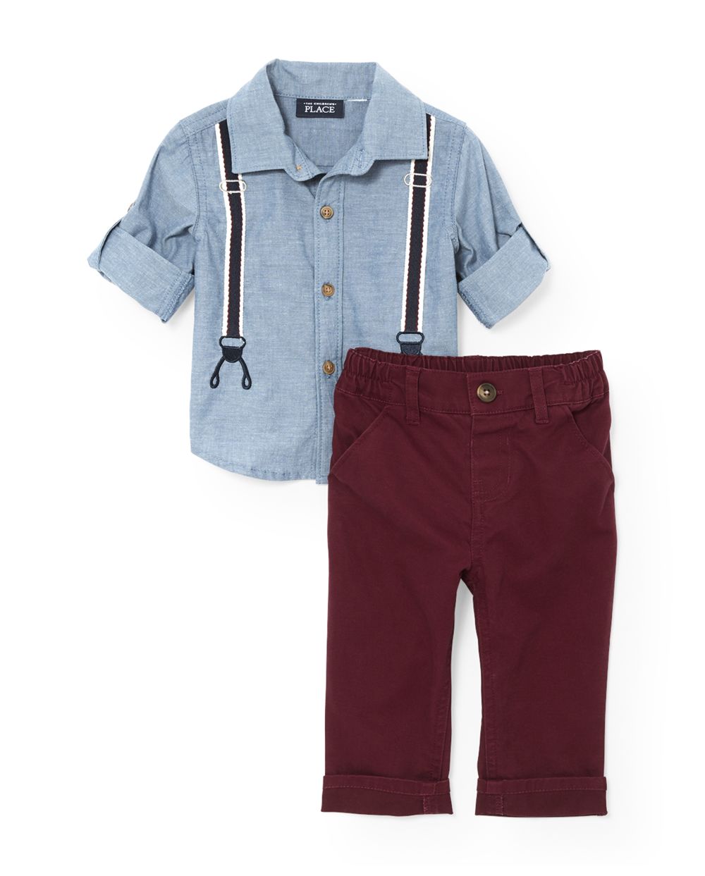 Baby Boys Long Sleeve Suspender Roll Up Button Down Shirt And Khaki Pants Set