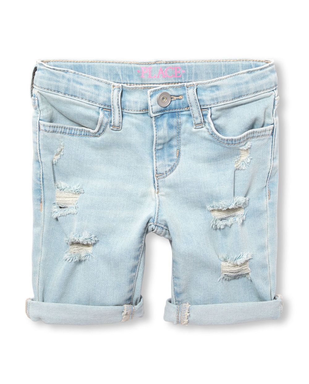 Girls Roll Cuff Distressed Denim Skimmer Shorts