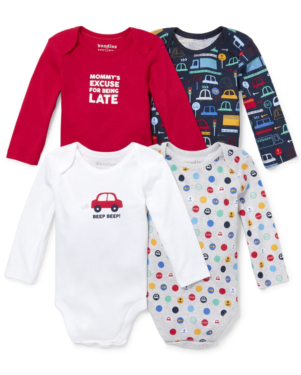 Baby Boys Long Sleeve Car Print Bodysuit 4Pack