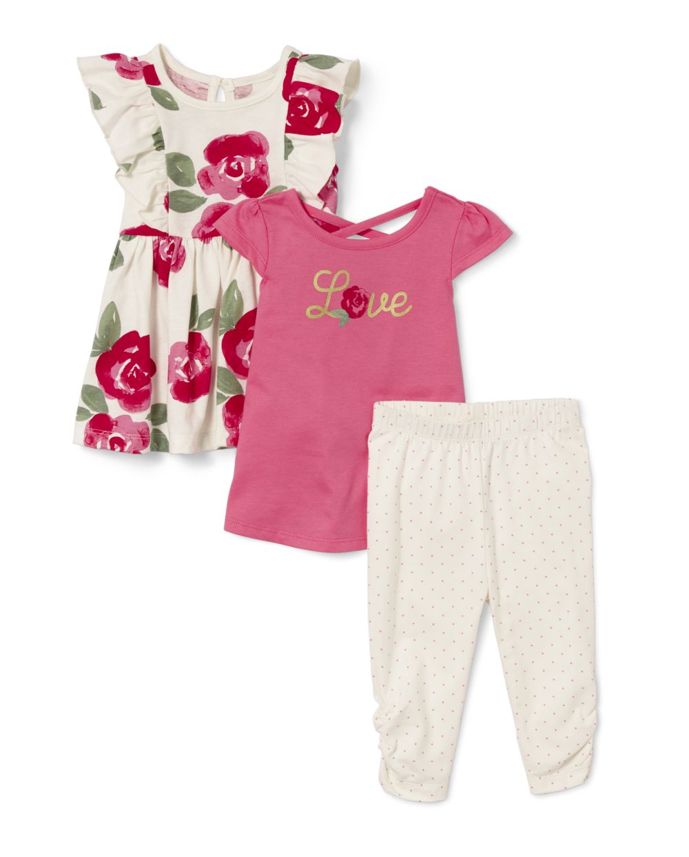 Baby Girls Floral Ruffle Knit Dress Tunic and Print Leggings 3Piece
