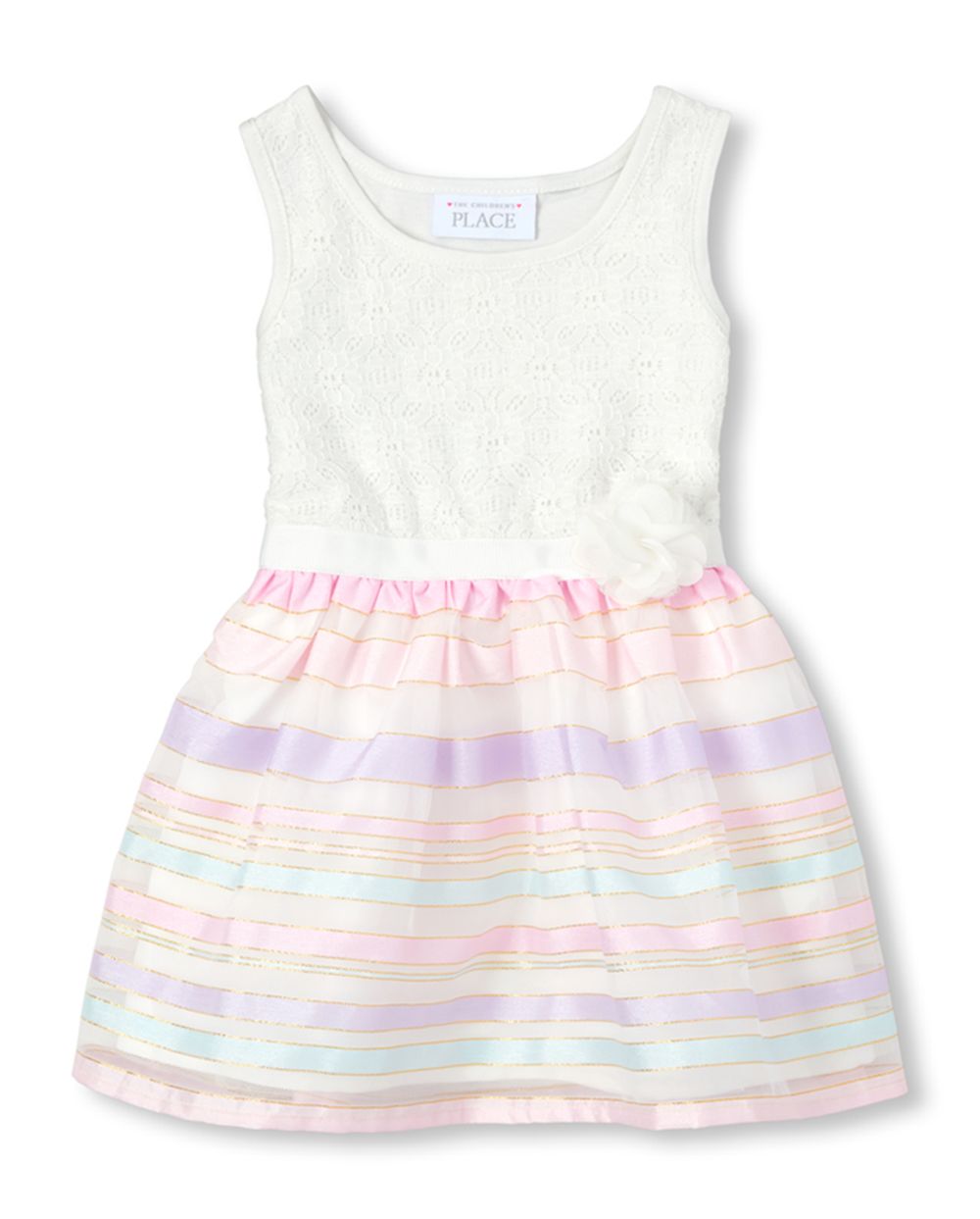 Toddler Girls Sleeveless Lace And Striped Knit To Woven Dress