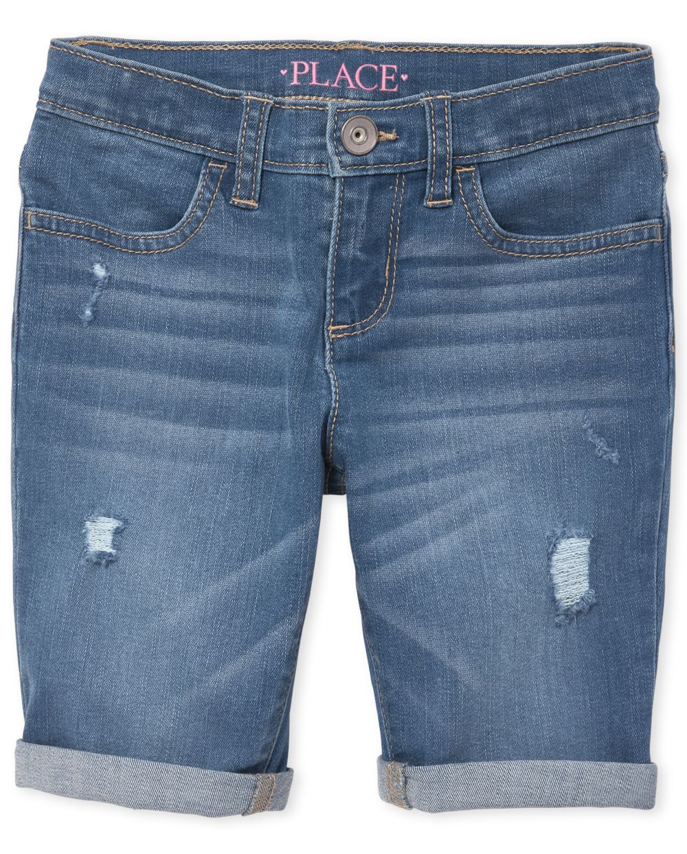 Girls Roll Cuff Distressed Denim Skimmer Shorts