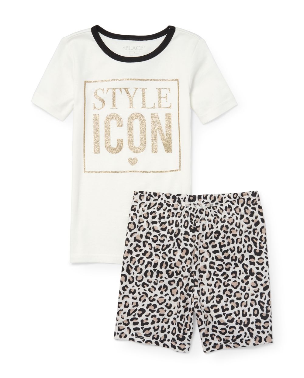 Girls Short Sleeve Glitter 'Style Icon' Leopard Snug Fit Cotton Pajamas