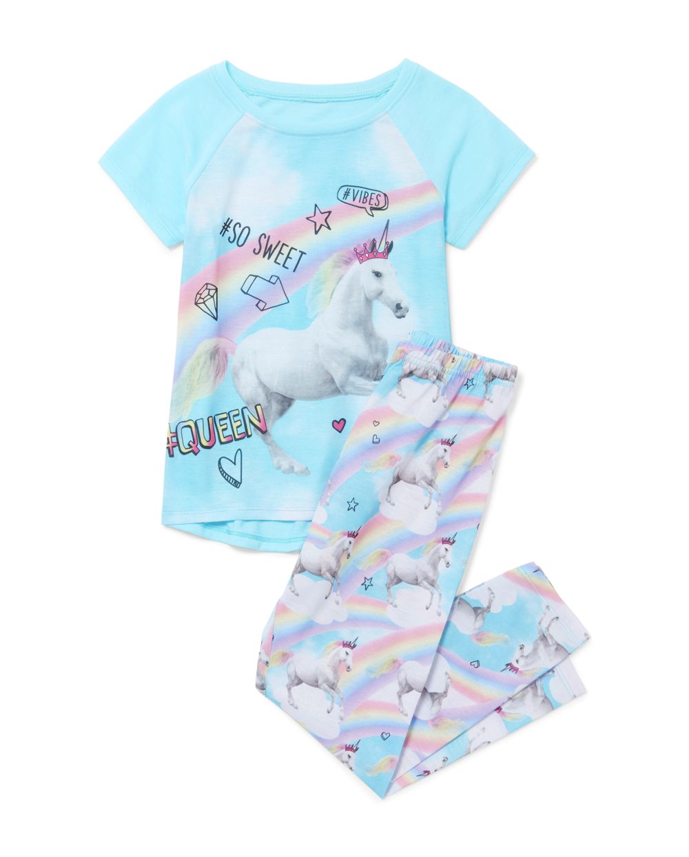 Girls Short Raglan Sleeve 'Hashtag Queen' Unicorn Rainbow Pajamas