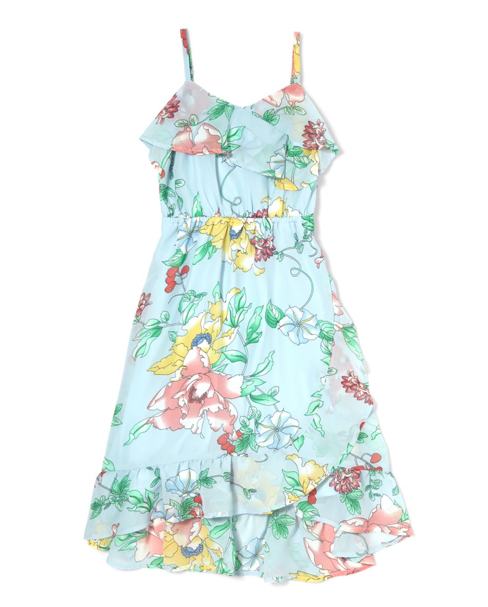 Girls Sleeveless Floral Print Ruffle Woven Maxi Dress