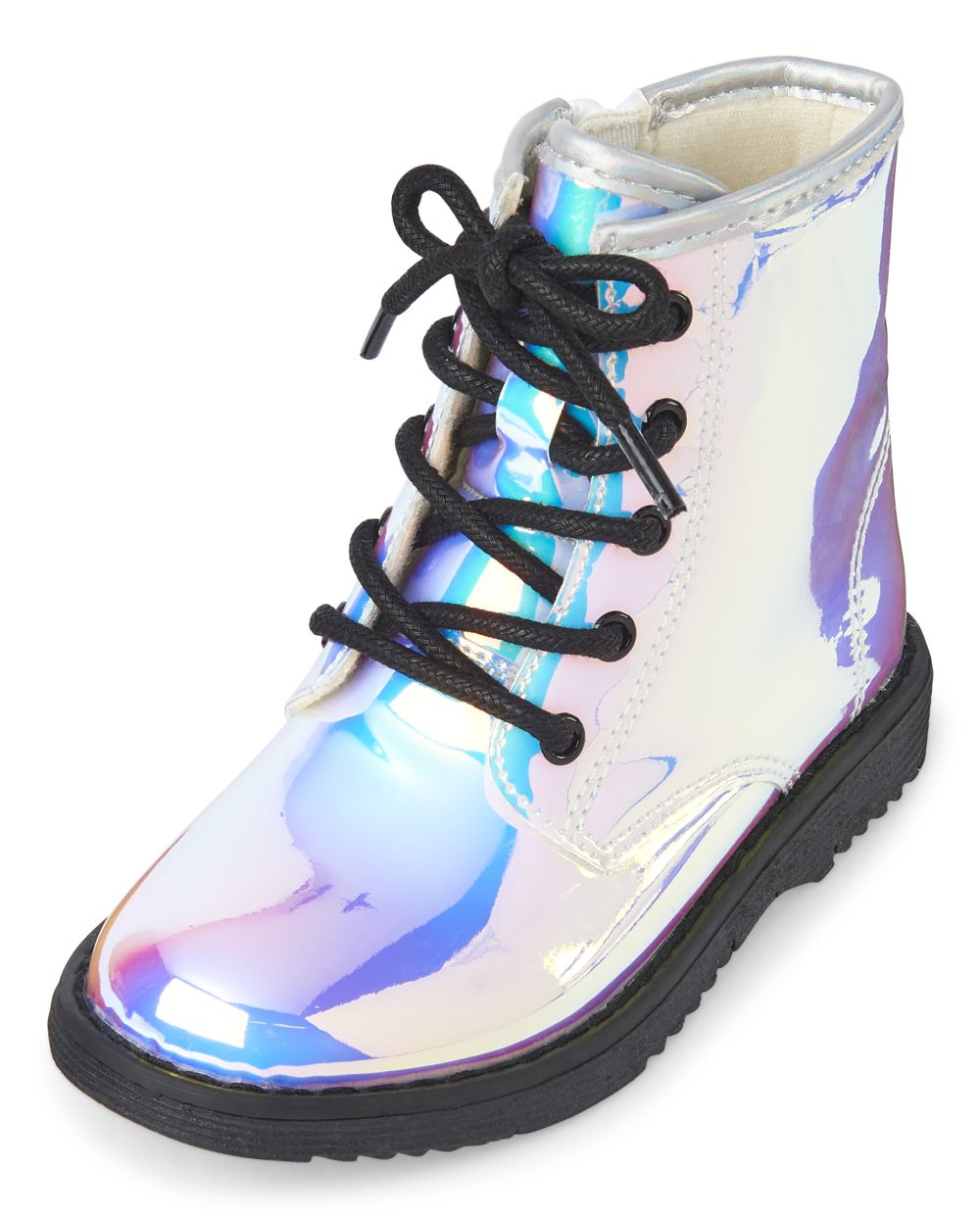 Toddler Girls Holographic Faux Patent Leather Lace Up Boots
