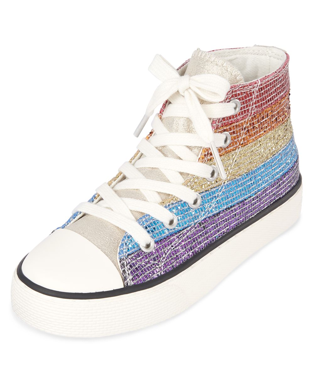 Girls Glitter Rainbow Striped Faux Leather Hi Top Sneakers