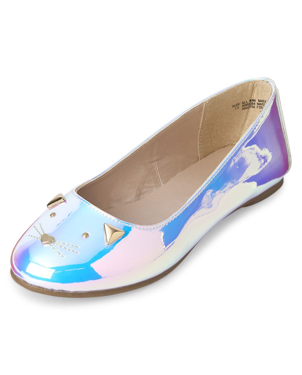Girls Holographic Cat Faux Leather Ballet Flats