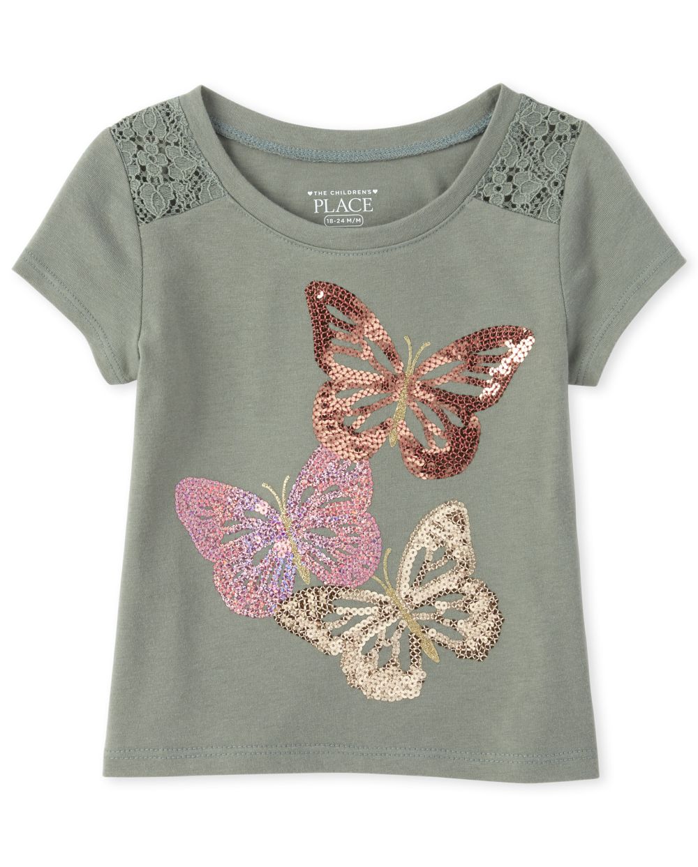 Baby And Toddler Girls Short Sleeve Lace Yoke Glitter Graphic Top