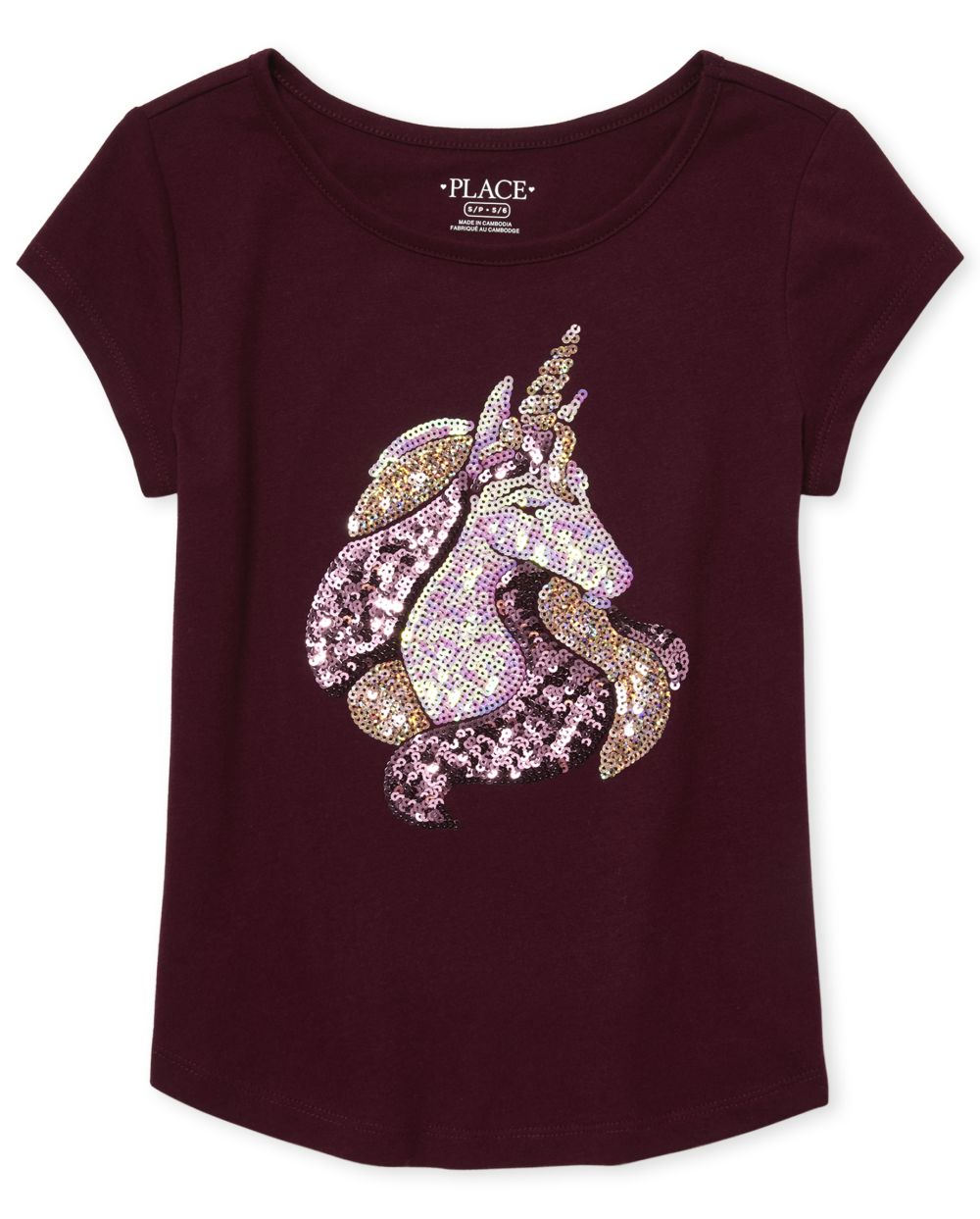 Girls Short Sleeve Embellished Graphic Curved Hem Top