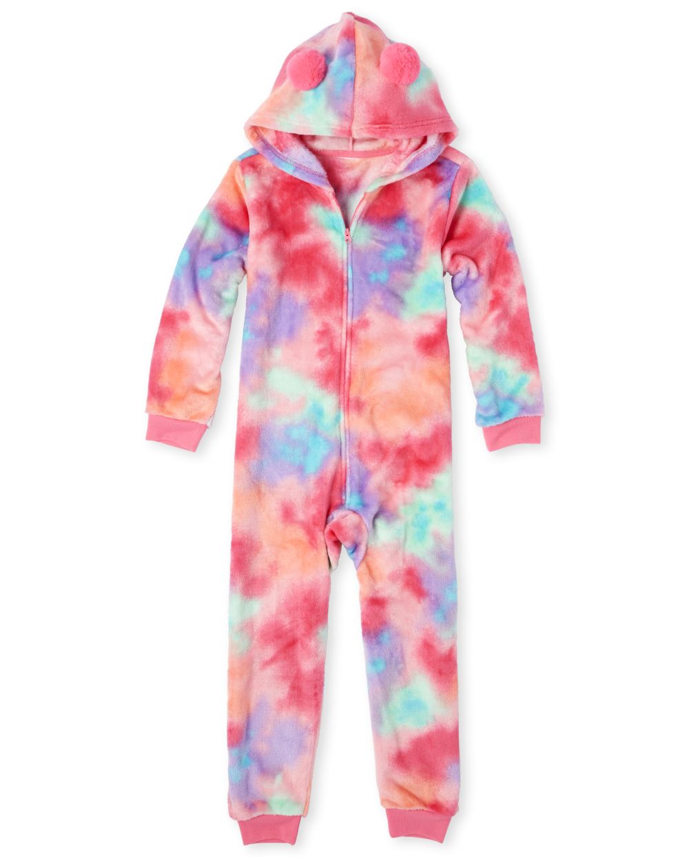Girls Long Sleeve Tie Dye Pom Pom Cozy Fleece Hooded One Piece Pajamas