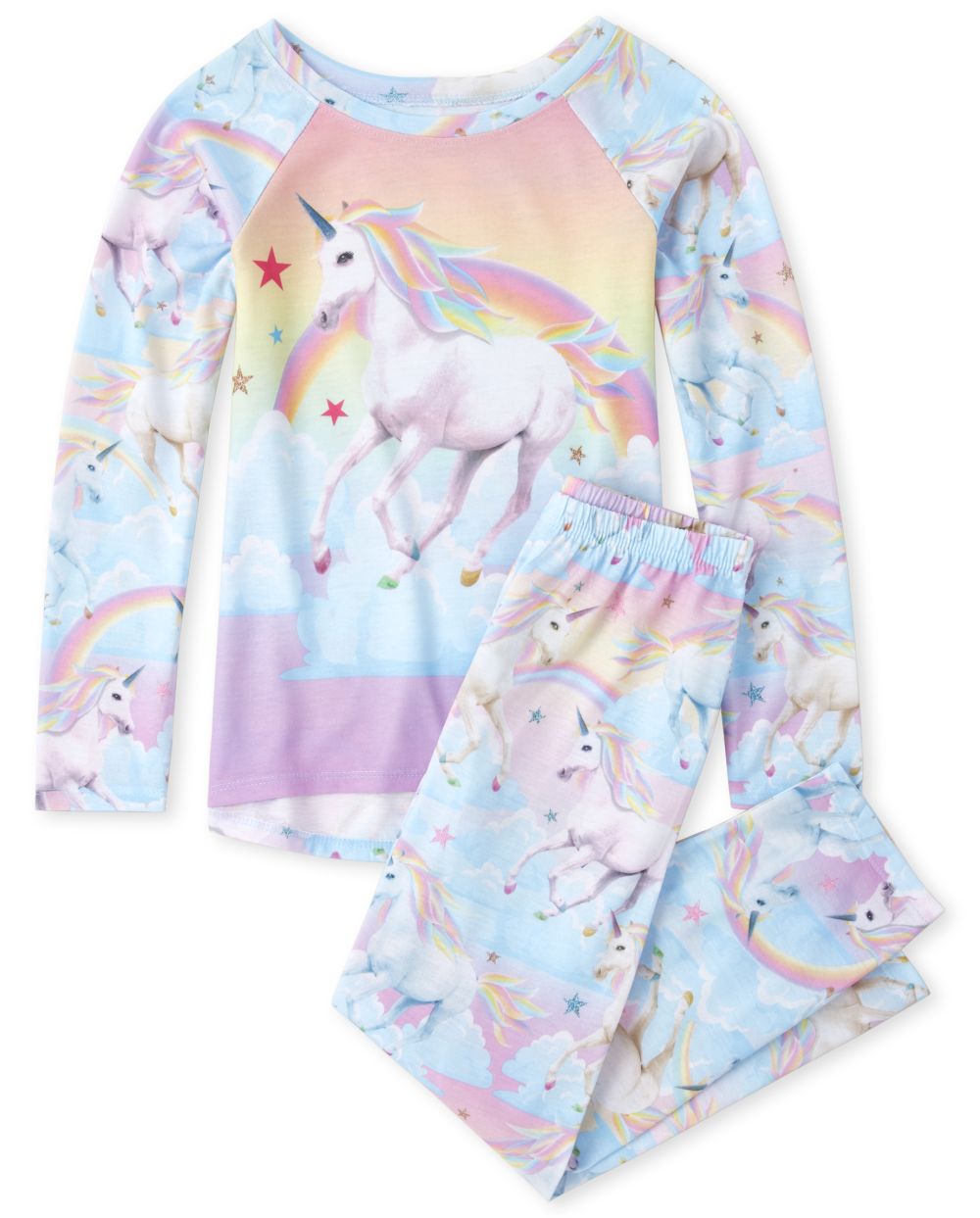 Girls Long Raglan Sleeve Rainbow Unicorn Pajamas