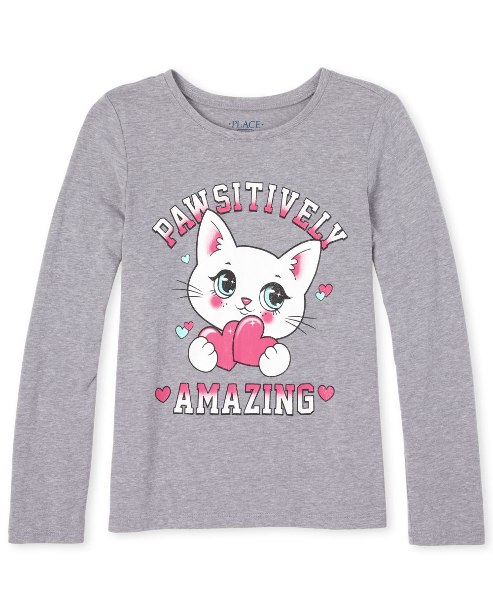 Girls Long Sleeve Glitter 'Pawsitively Amazing' Cat Graphic Tee