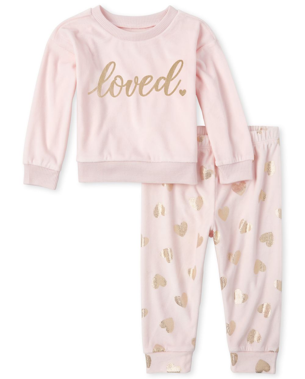 Baby And Toddler Girls Mommy And Me Long Sleeve Foil 'Loved' Heart Print Matching Velour Pajamas