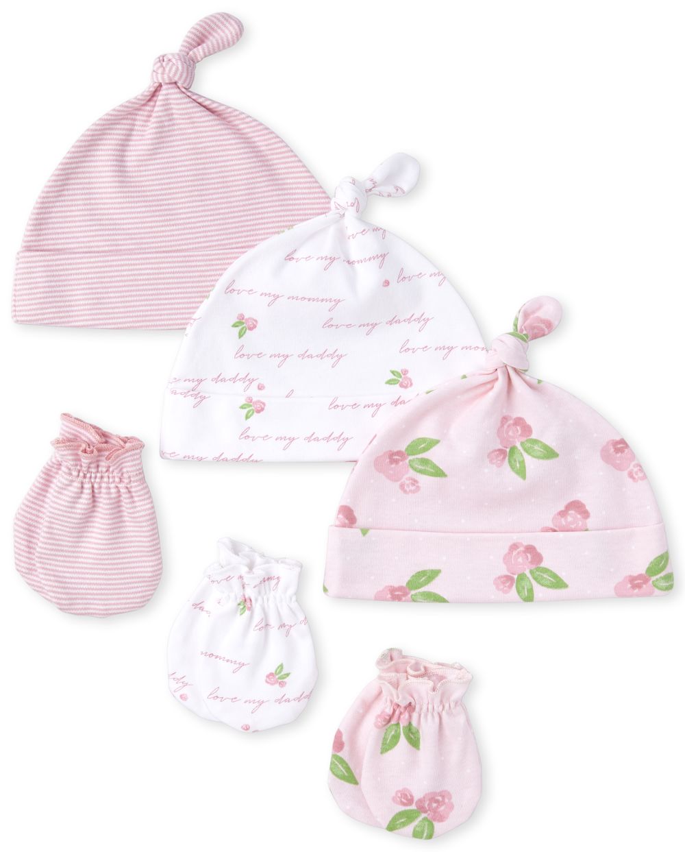 Baby Girls Rose Print Knotted Hat And Mittens 6Piece Set