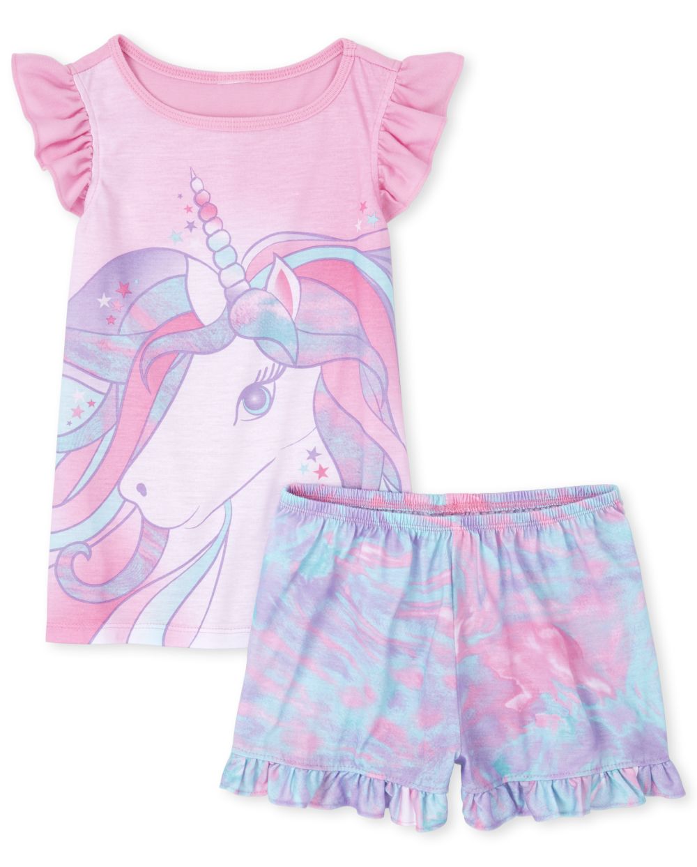 Girls Short Ruffle Sleeve Unicorn Pajamas