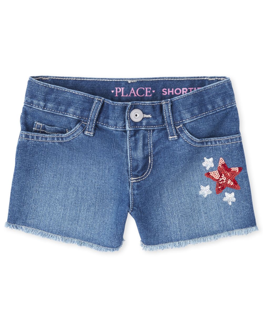 Girls Americana Embroidered Glitter Star Frayed Hem Denim Shortie Shorts