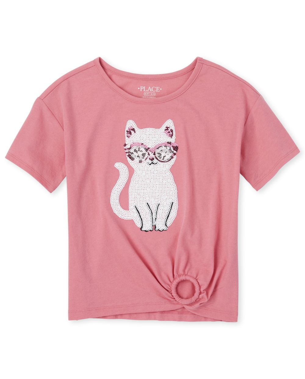 Girls Short Sleeve Sequin Cat Graphic Ring Top