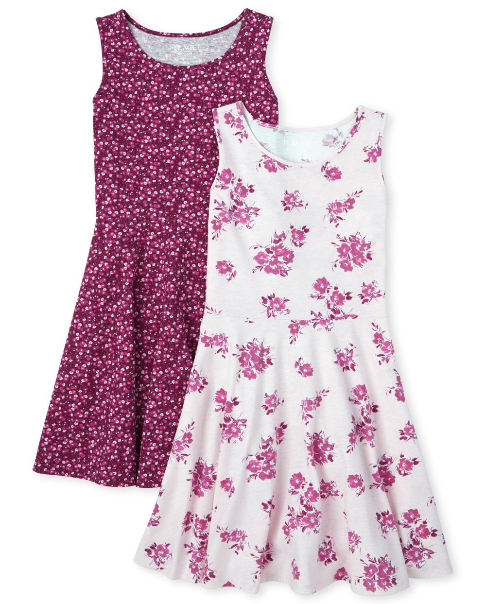 Girls Sleeveless Floral Print Knit Tank Dress 2Pack