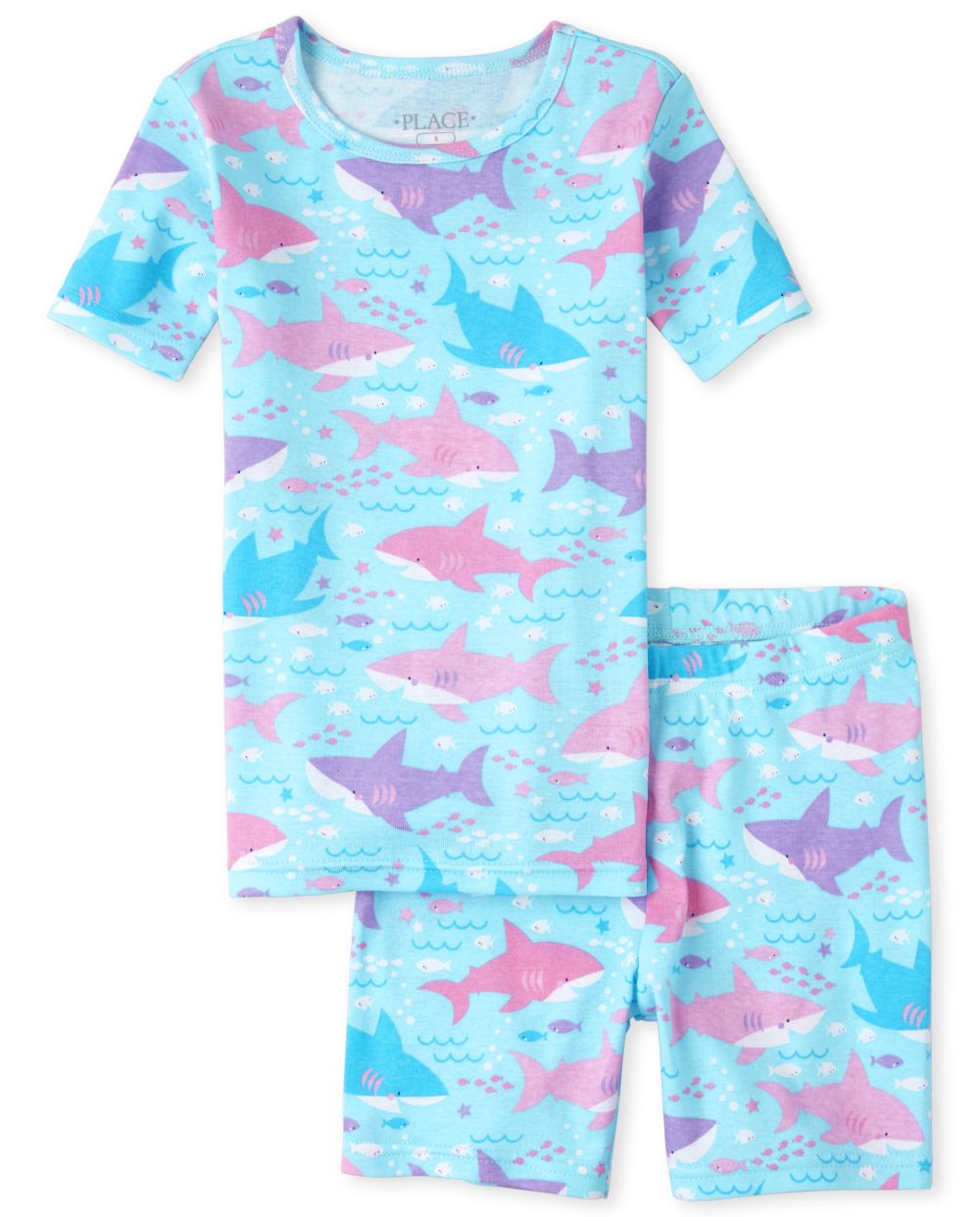 Girls Matching Family Short Sleeve Shark Print Snug Fit Cotton Pajamas