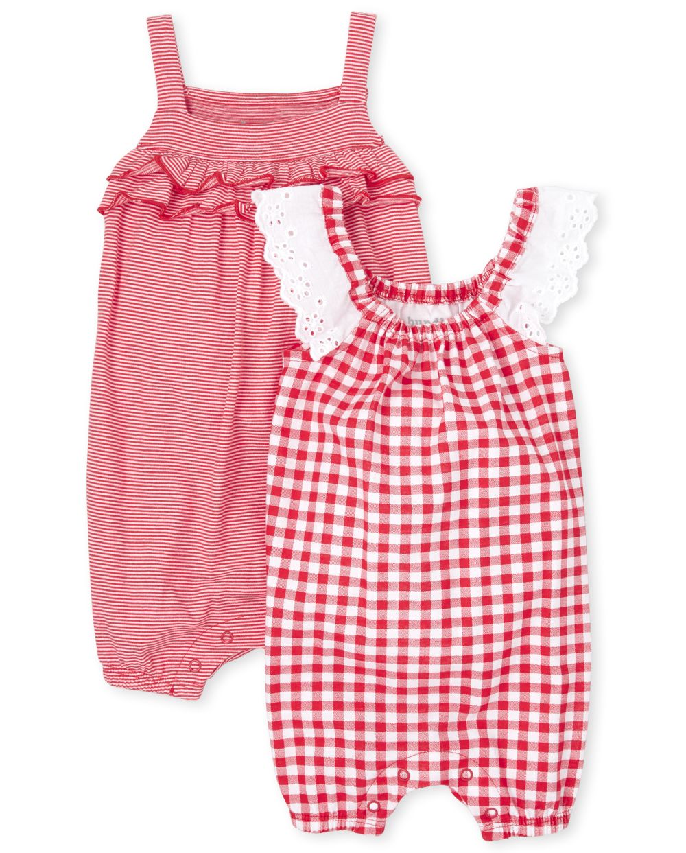 Baby Girls Short Ruffle Sleeve Gingham And Striped Knit Ruffle Romper 2