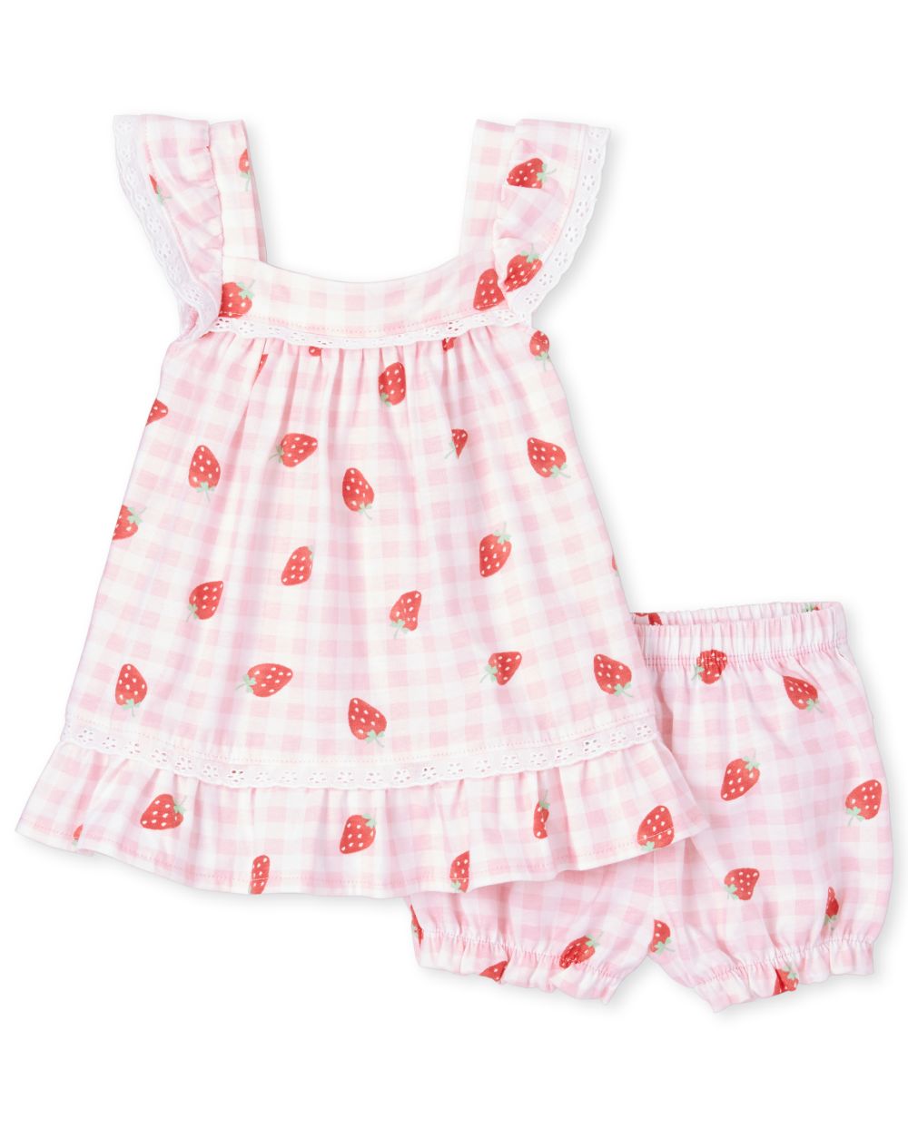 Baby Girls Short Flutter Sleeve Strawberry And Gingham Print Wrap Top