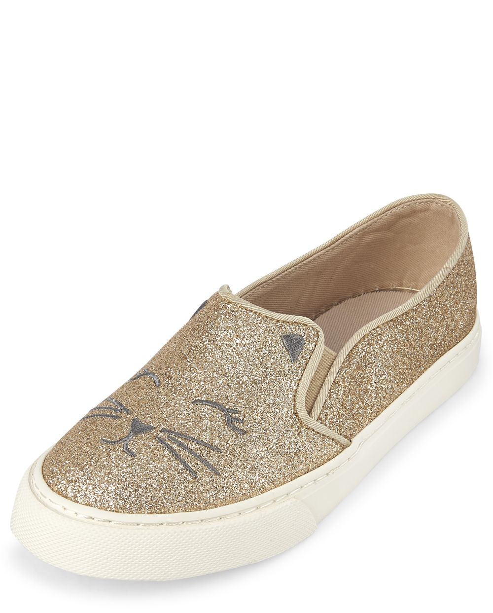 Girls Glitter Embroidered Cat Matching Faux Leather Slip On Sneakers