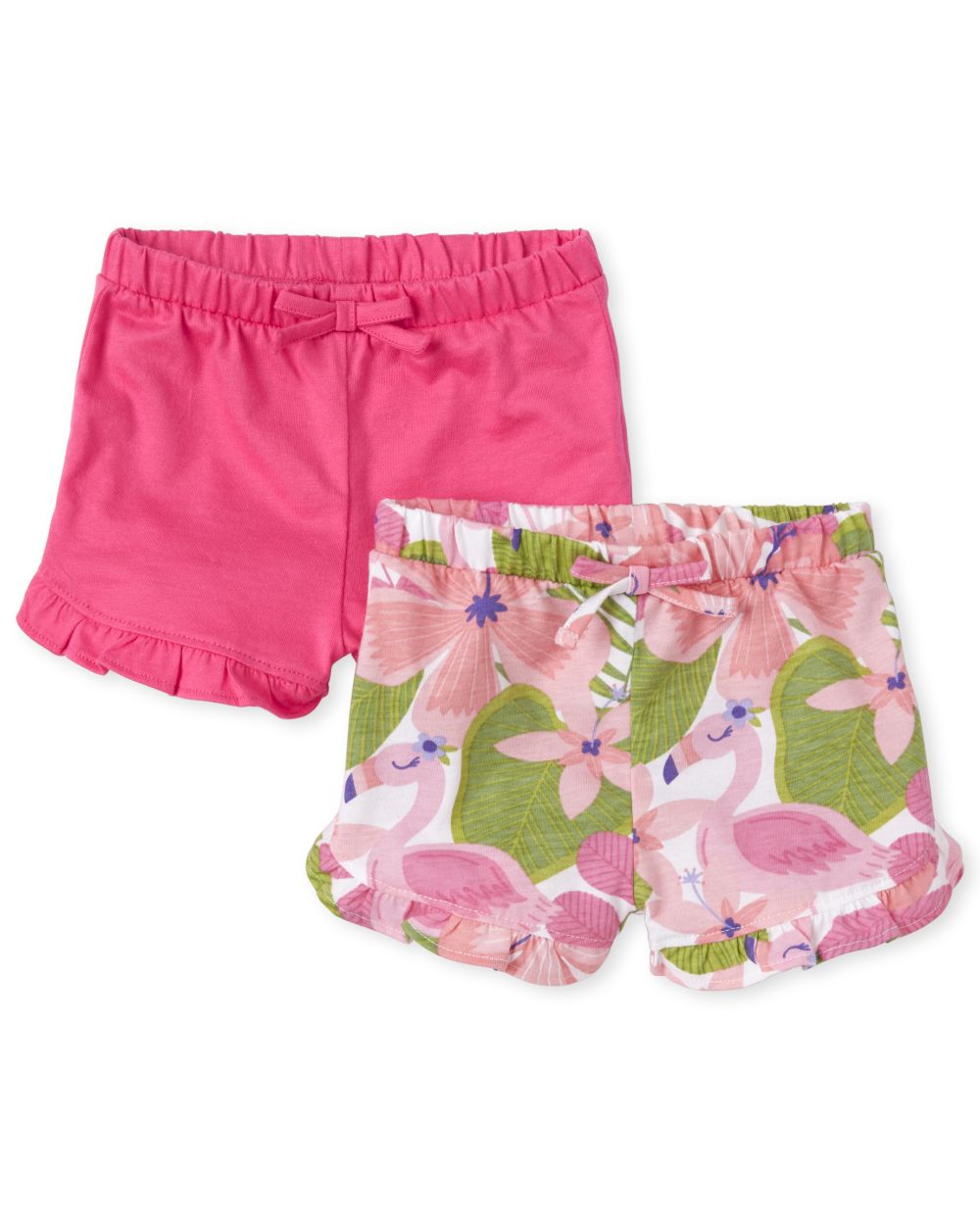 Baby Girls Flamingo Print And Solid Knit Ruffle Shorts 2-Pack