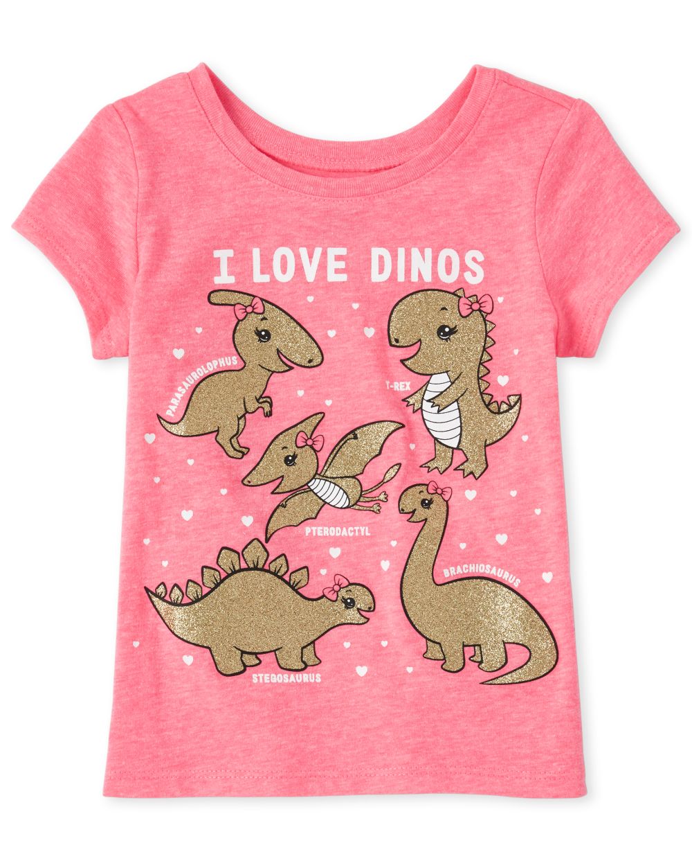 Baby And Toddler Girls Short Sleeve Glitter 'I Love Dinos' Graphic Tee