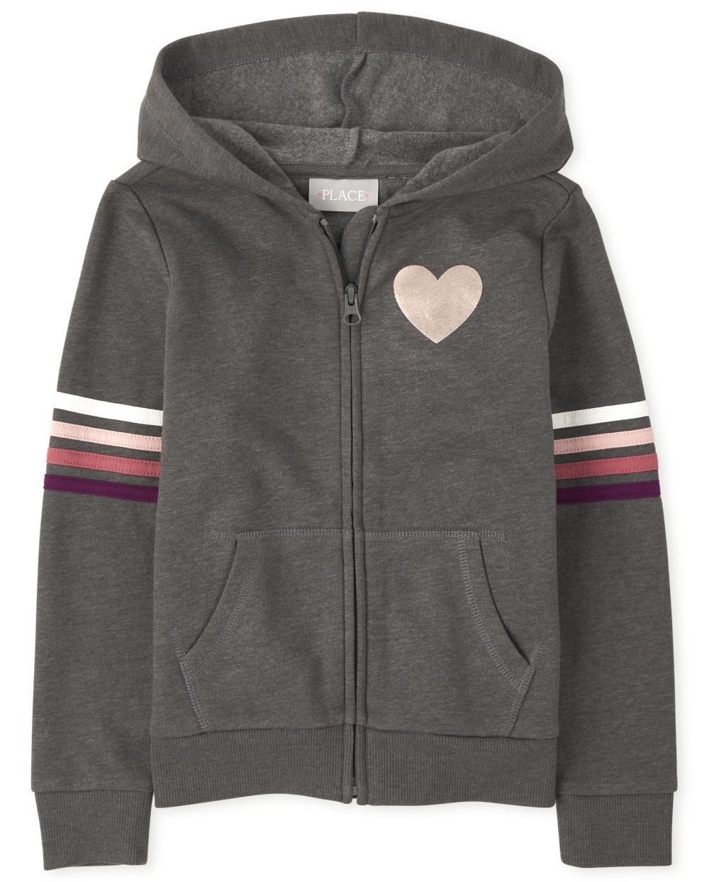 Girls Active Long Striped Sleeve Graphic French Terry Zip Up Hoodie