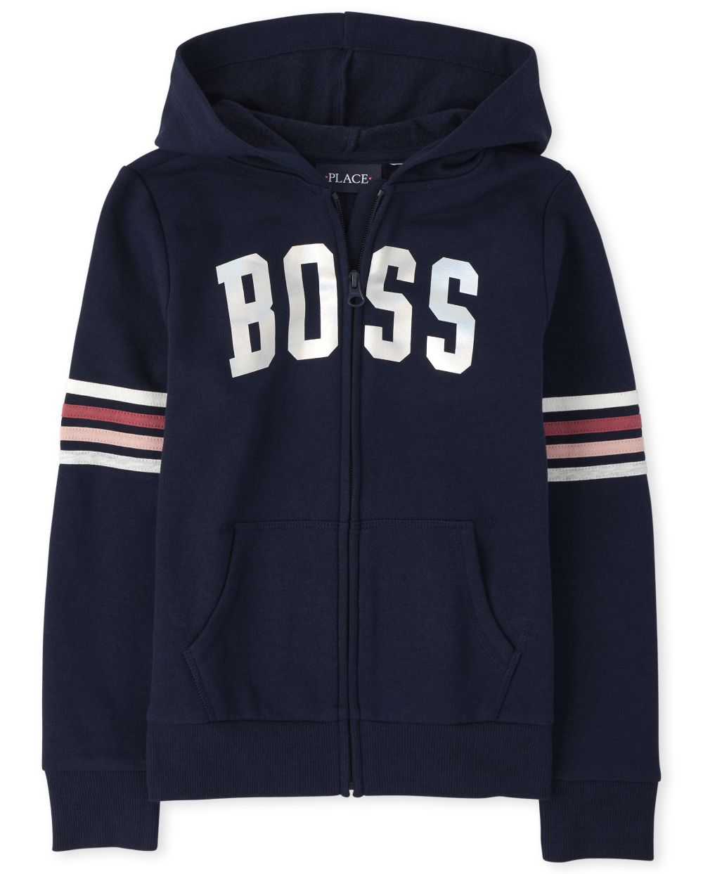 Girls Active Long Striped Sleeve Graphic French Terry Zip Up Hoodie