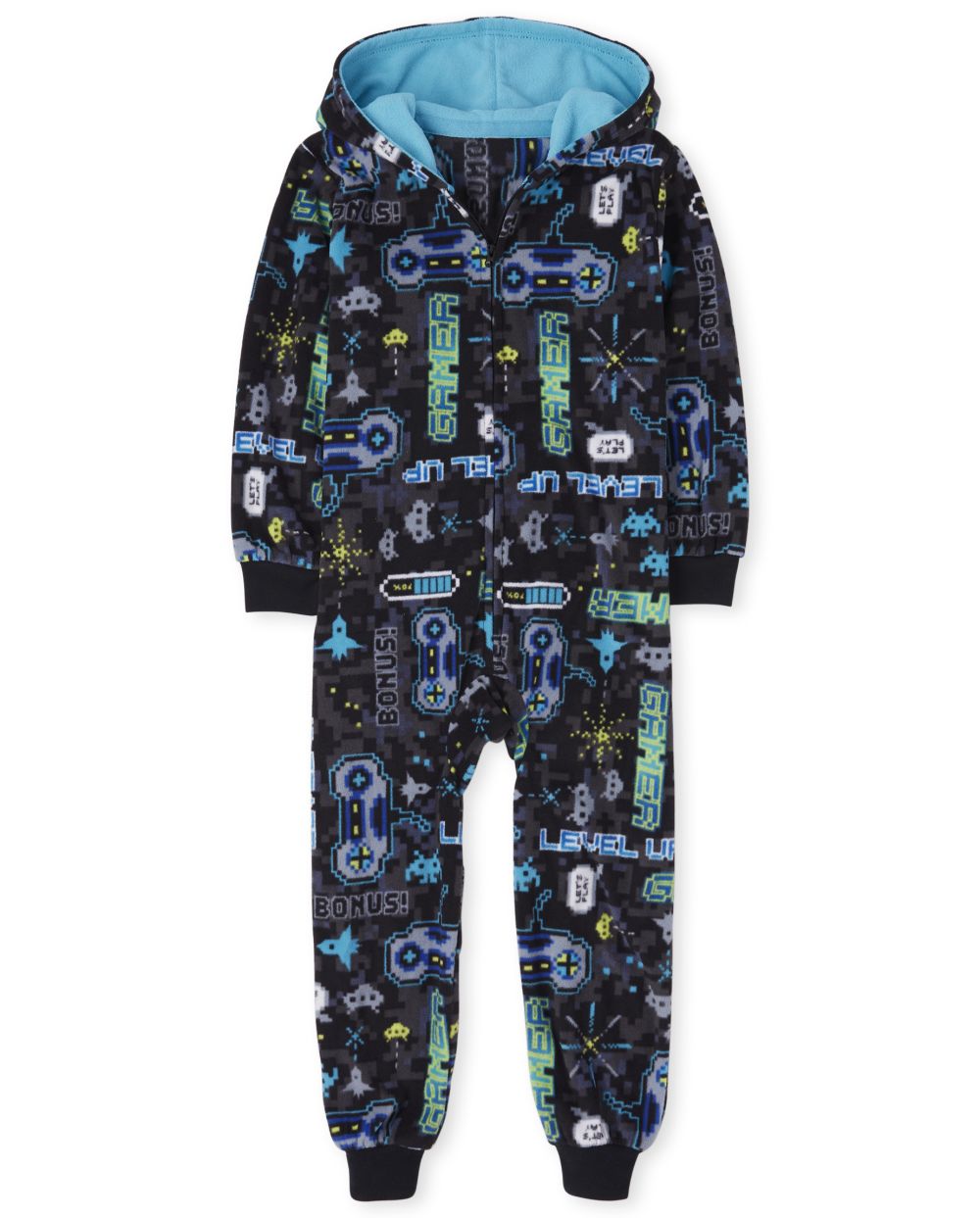 Boys Long Sleeve Video Game Print Fleece Hooded One Piece Pajamas