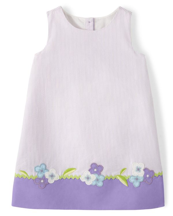 Girls Applique Flower Seersucker Dress - Spring Blooms - noble violet
