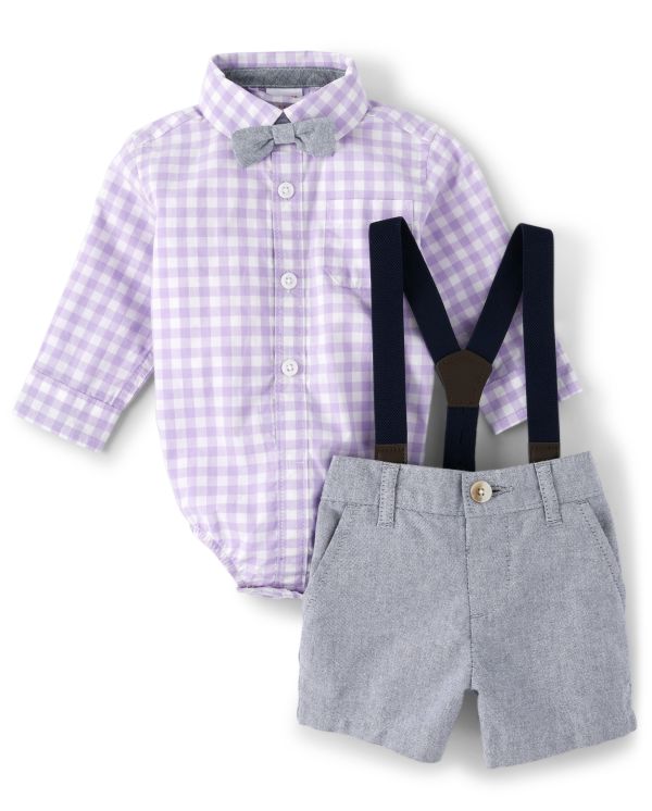 Baby Boys Dad And Me Gingham Button Up Bodysuit And Dress Shorts Set - Spring Blooms - multi clr