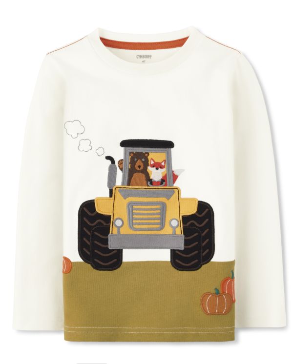 Boys Embroidered Tractor Top - Autumn Harvest - snow