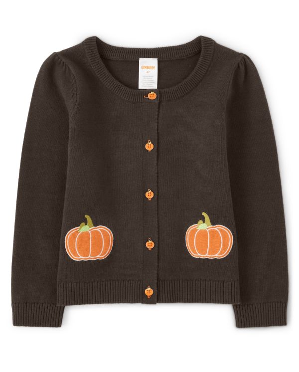 Girls Applique Pumpkin Cardigan - Perfect Pumpkin - brown bear