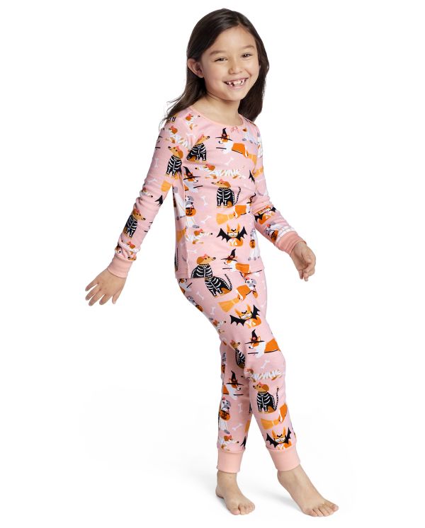 Girls Halloween Dog Cotton 2-Piece Pajamas - Gymmies - tahiti pink