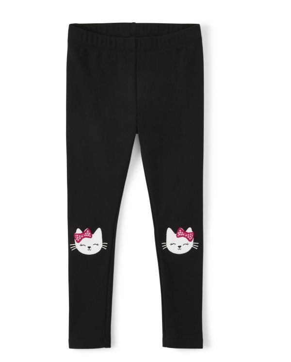 Girls Embroidered Cat Leggings - Purrrfect in Pink - black