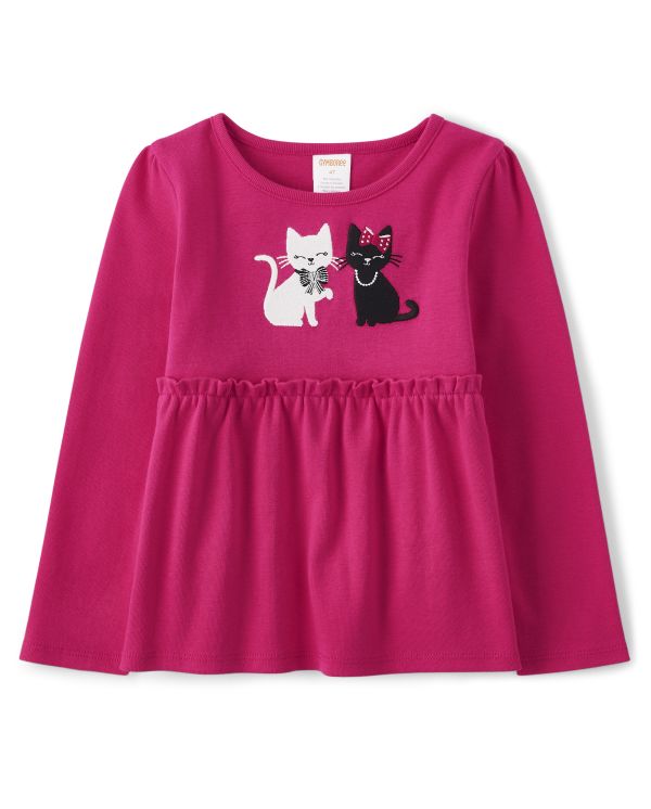 Girls Embroidered Cat Empire Top - Purrrfect in Pink - pink sapphire