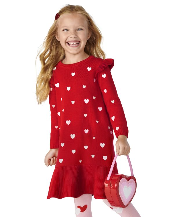 Girls Heart Sweater Dress - Valentine Cutie - big red