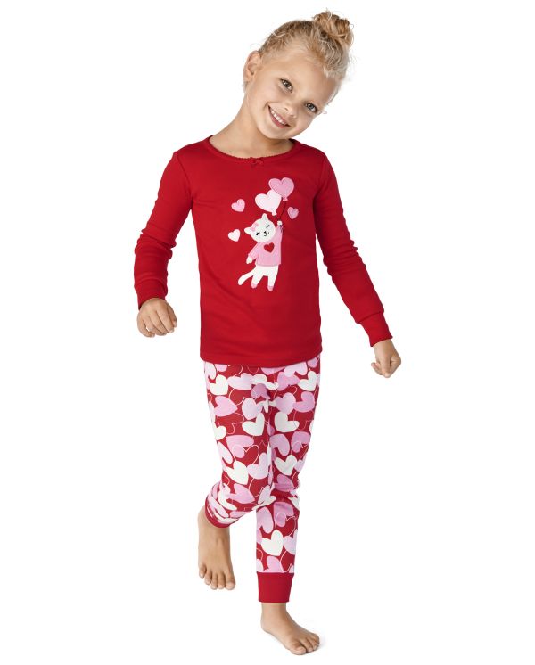 Girls Cat Cotton 2-Piece Pajamas - Gymmies - big red