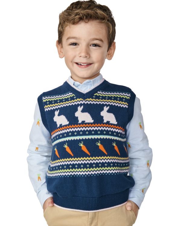 Boys Intarsia Bunny Sweater Vest - Spring Celebrations - navy peony