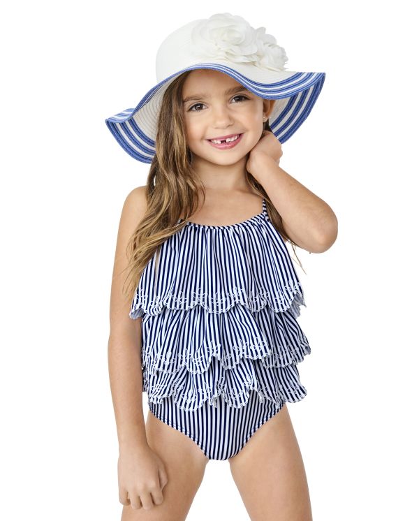 Girls Striped Eyelet One Piece Swimsuit - Splish-Splash - navy narrows