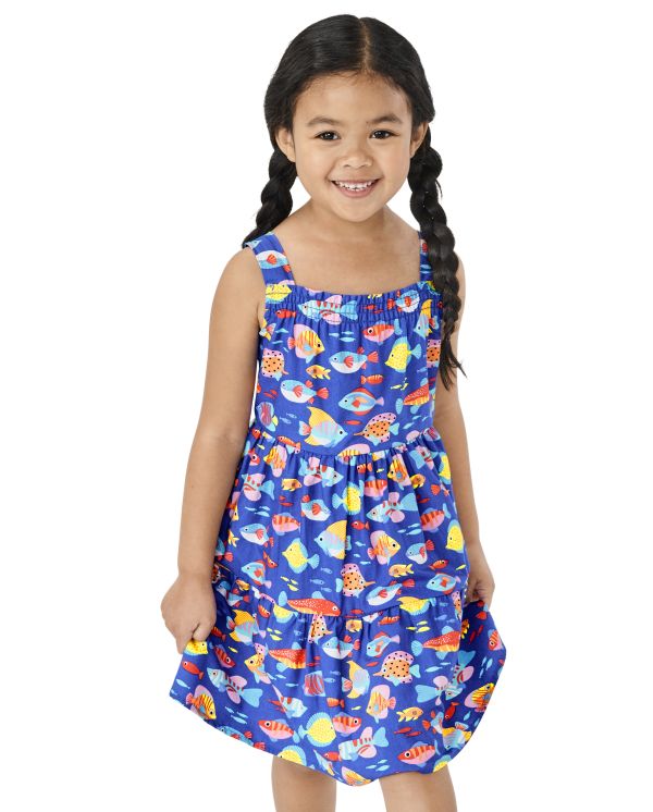 Girls Fish Tiered Dress - Splish-Splash - cool cobalt