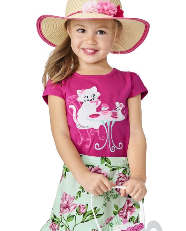 Girls Embroidered Cat Top - Time for Tea - watermelon