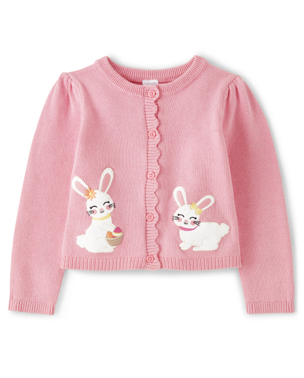 Girls Embroidered Bunny Cardigan - Spring Celebrations - pink ribbon